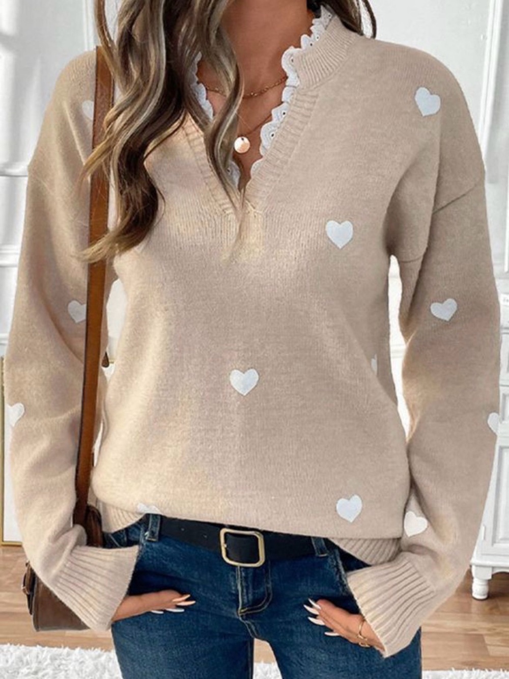 Beige Heart-Print V-Neck Pullover Sweater
